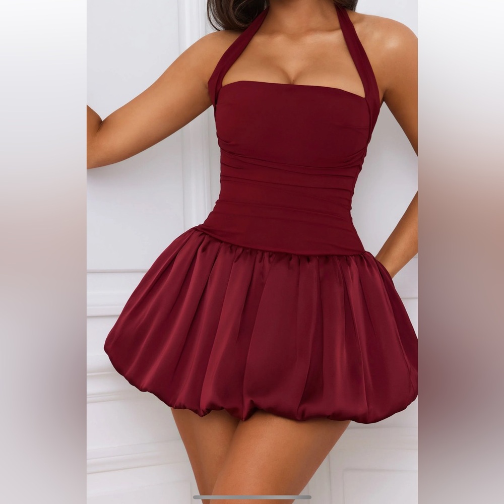 NWTO Halterneck Lace-Up Bubble Hem Corset Micro Mini Dress in Berry Red